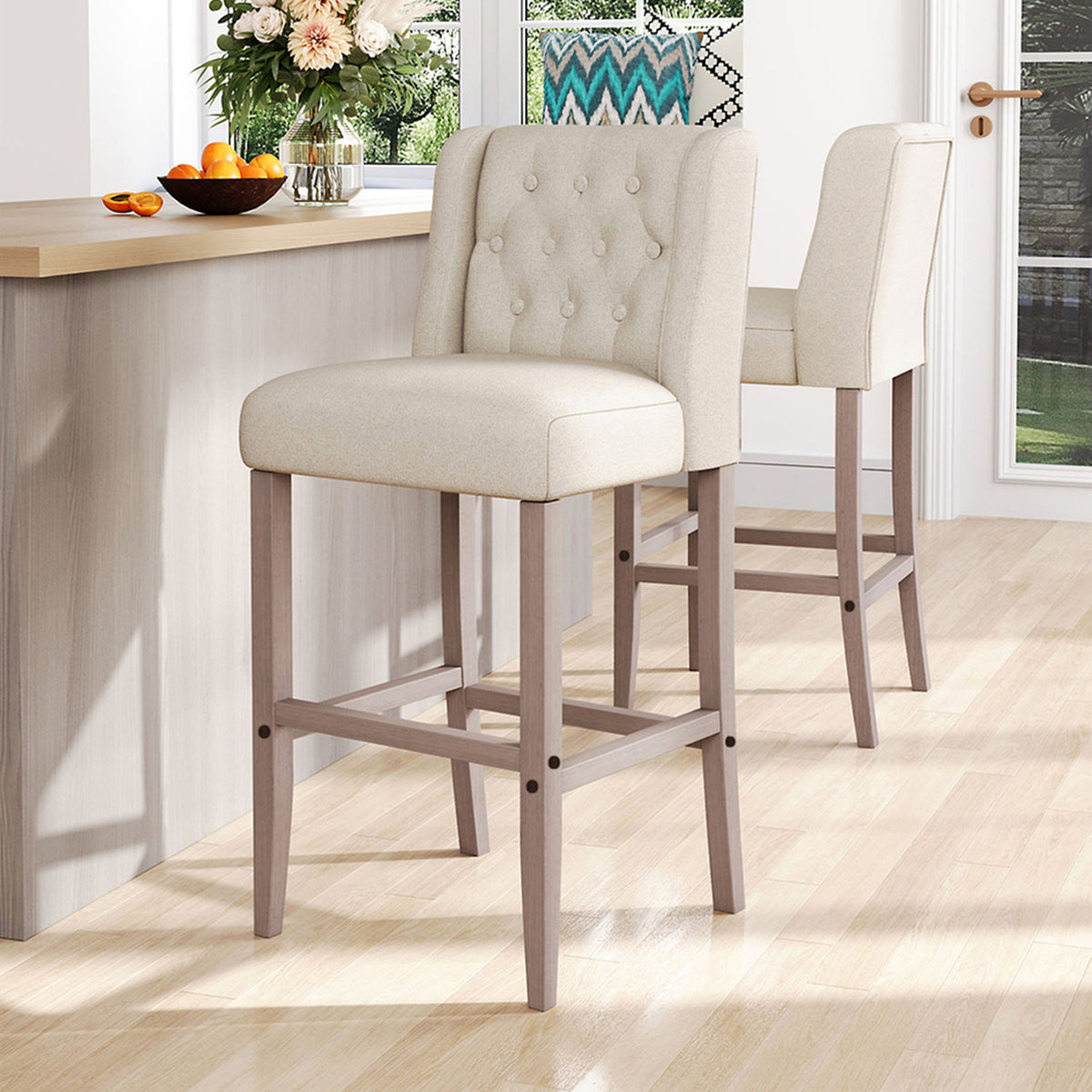Set of 2 Beige Linen Button Tufted Bar Stools