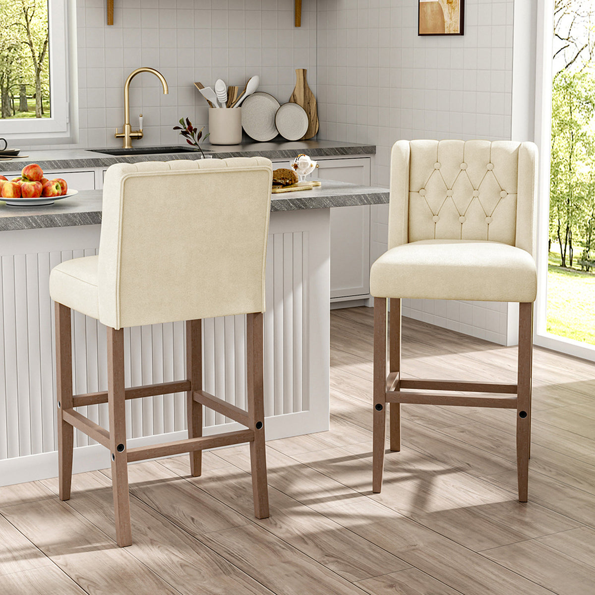 Set of 2 Beige Linen Button Tufted Bar Stools