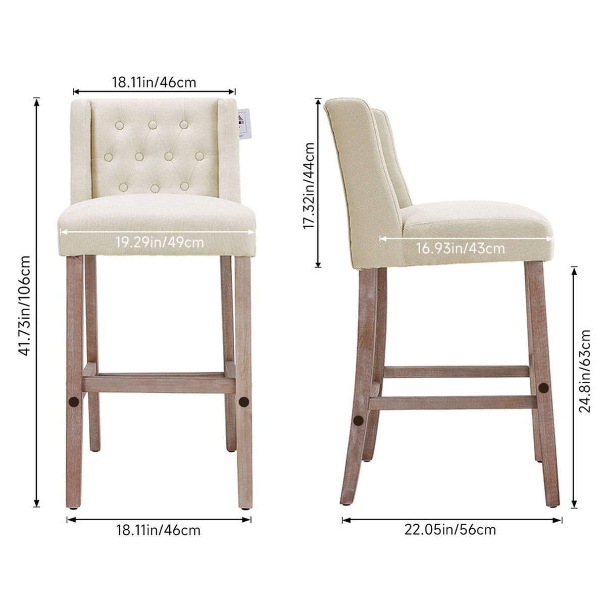 Set of 2 Beige Linen Button Tufted Bar Stools