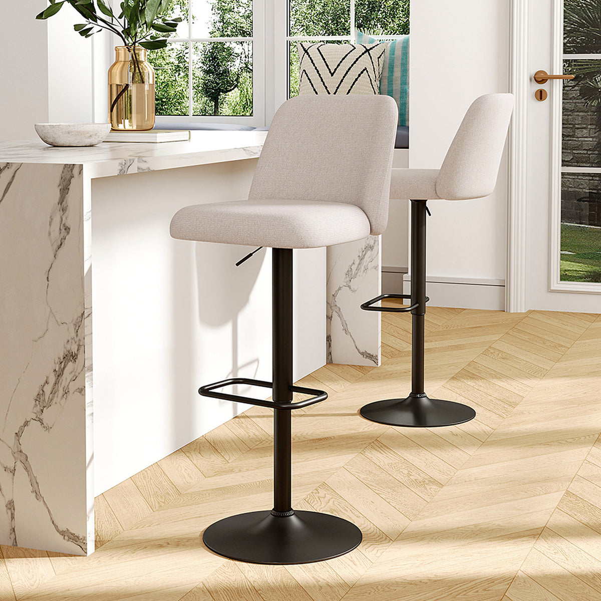 Set of 2 Beige Linen Adjustable Swivel Bar Stools