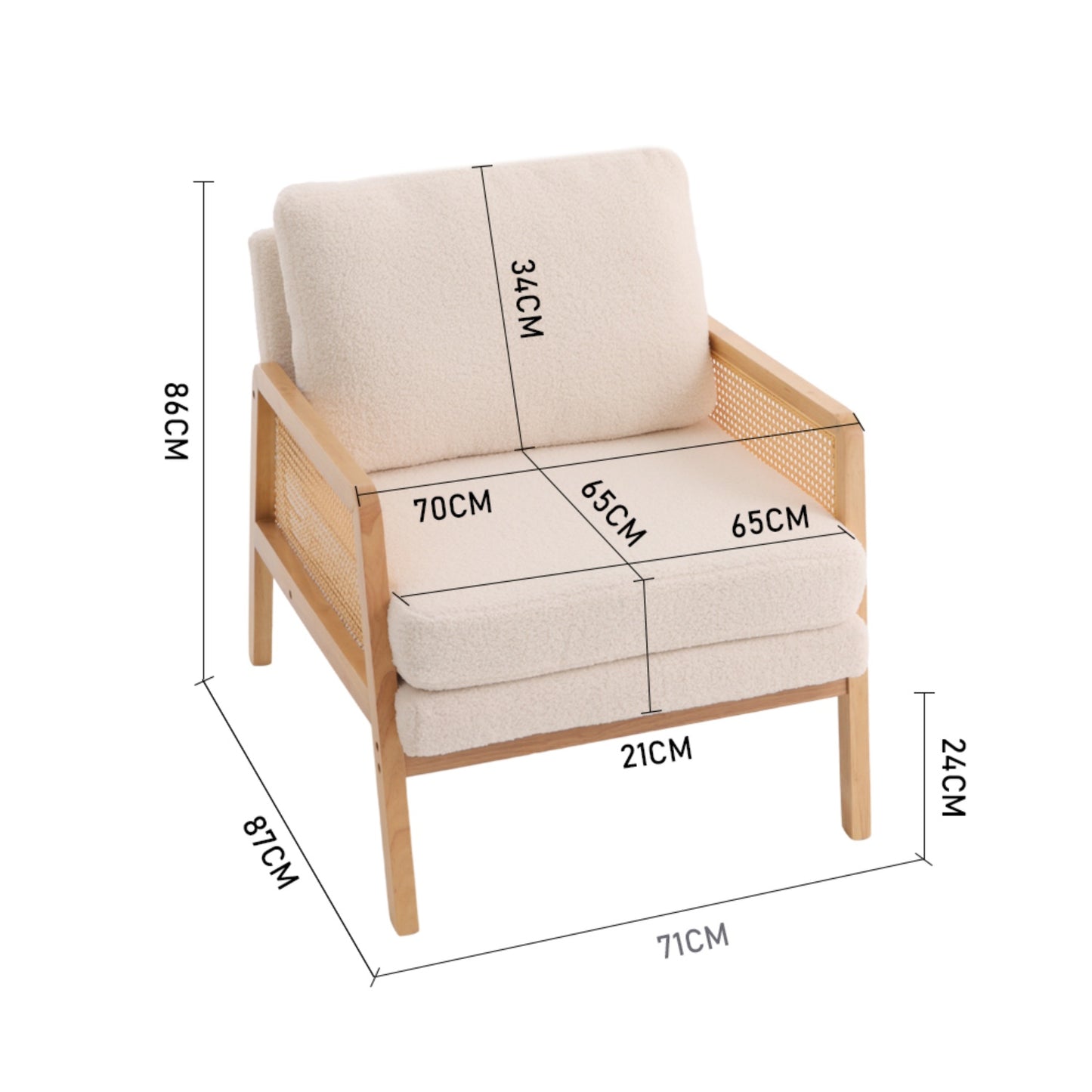 White Teddy Fleece Armchair with Rattan Panels