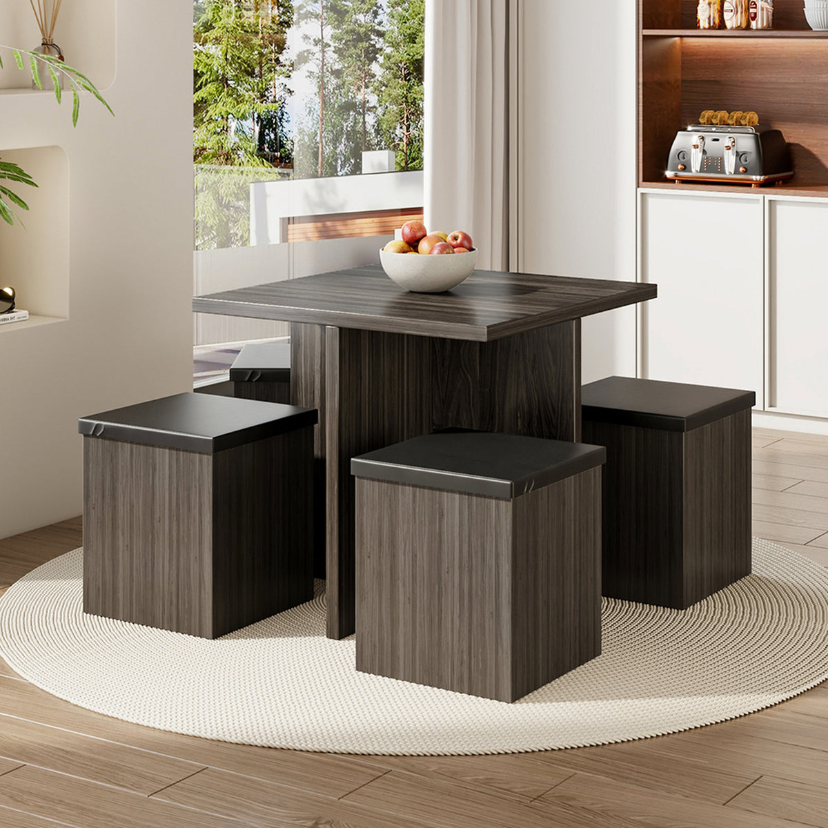 Grey & Black Dining Table and 4 Storage Stools Set