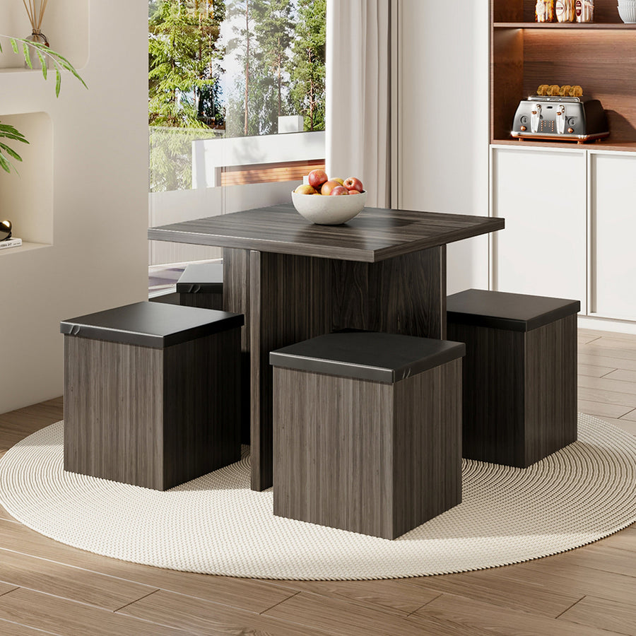 Grey & Black Dining Table and 4 Storage Stools Set