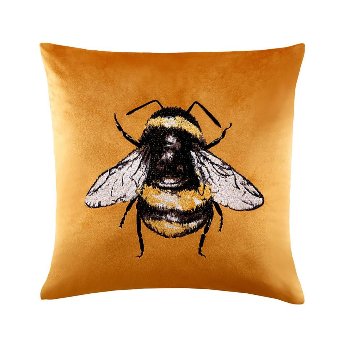 Ochre Velvet Bumblebee Embroidered Cushion (43cm x 43cm)
