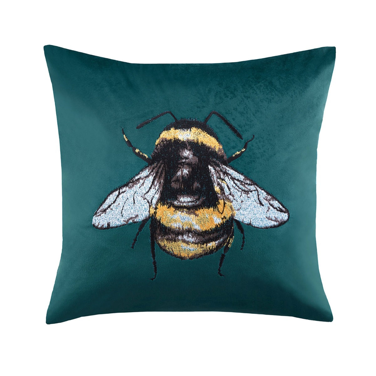 Teal Green Velvet Bumblebee Embroidered Cushion (43cm x 43cm)