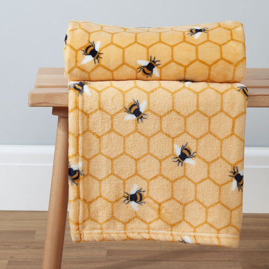 Bee Ochre Printed Fleece Throw (130cm x 150cm)