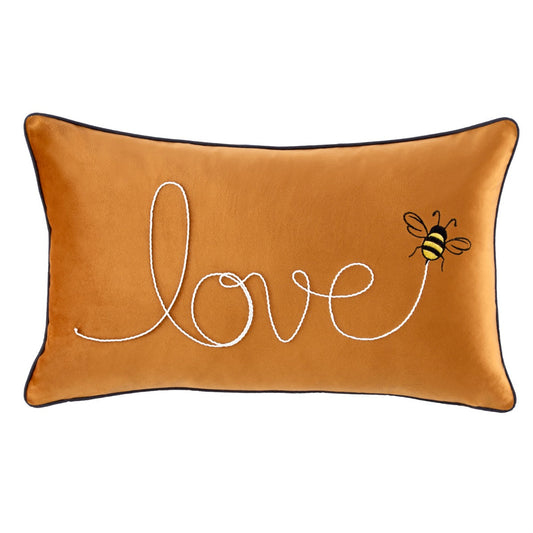 Ochre Velvet Love Slogan Embroidered Bee Cushion (30cm x 50cm)