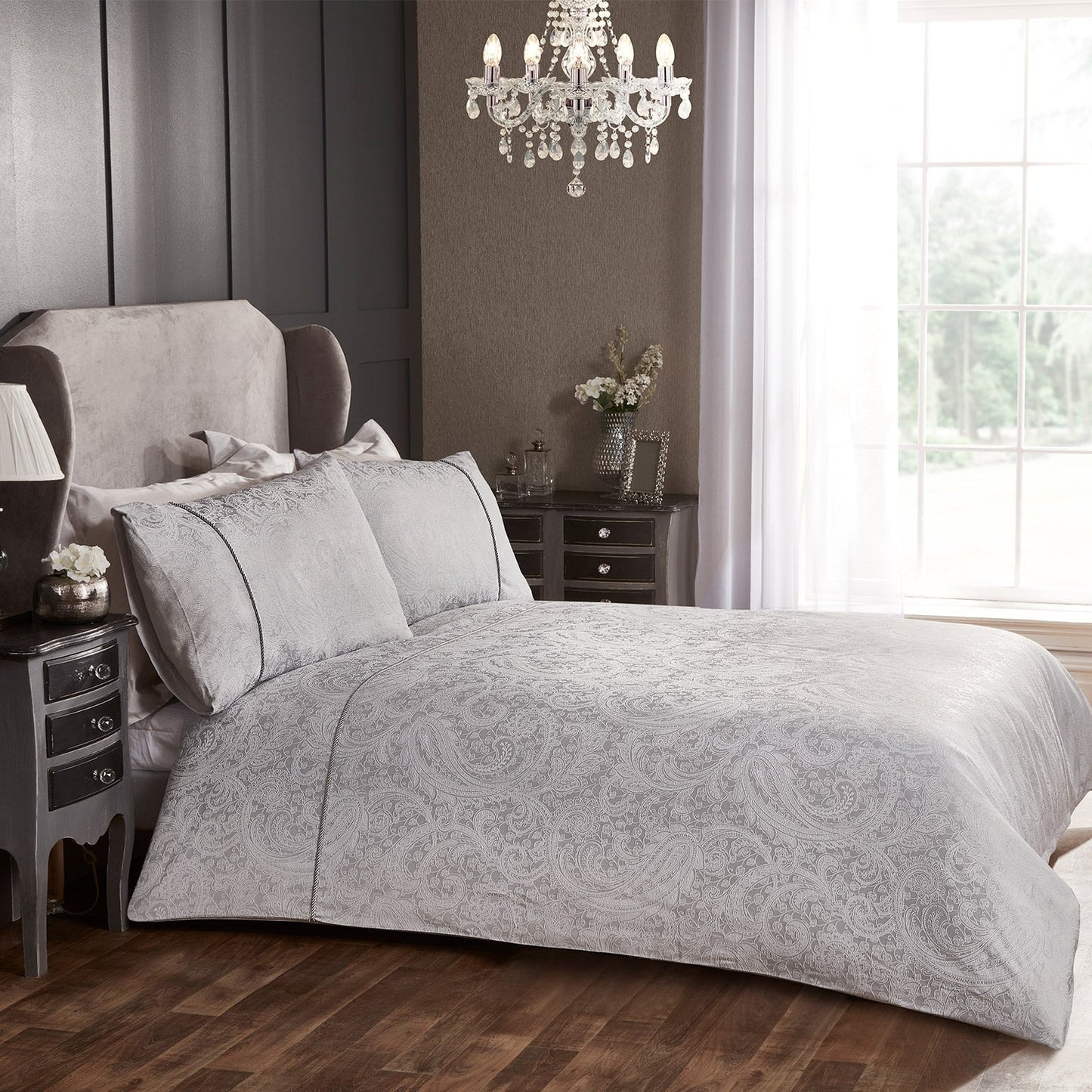 Paisley Silver Luxury Jacquard 6 Piece Bedding Bundle