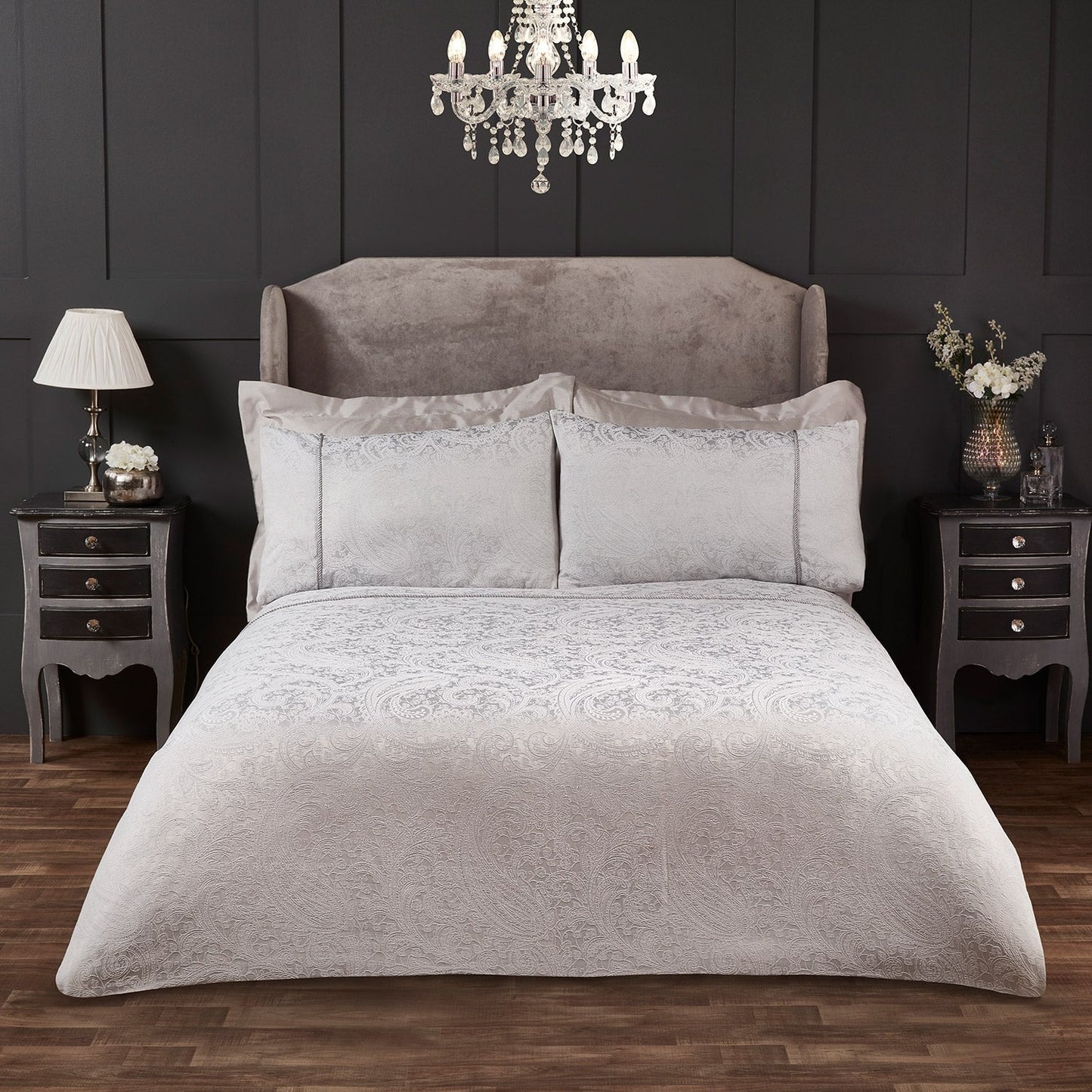 Paisley Silver Luxury Jacquard 6 Piece Bedding Bundle
