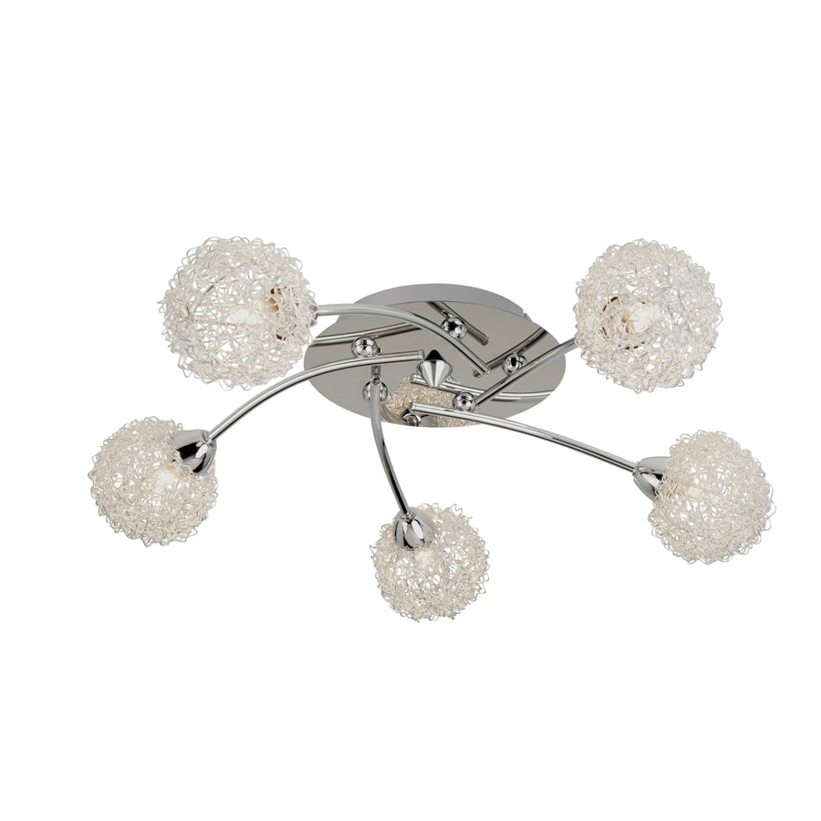 5 Light Ceiling Flush Light with Chrome and Aluminium Wire Shades