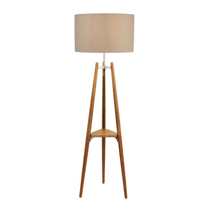 Light Wood Shelf Floor Lamp With Pale Grey Shade