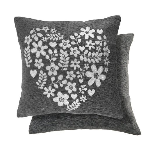 Amour Heart Charcoal Jacquard Chenille Cushion (43cm x 43cm)