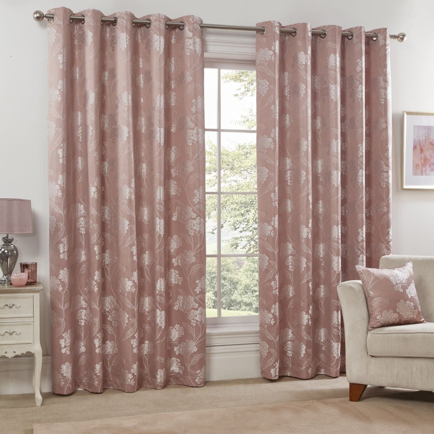 Blossom Blush Pink Lined Eyelet Jacquard Curtains