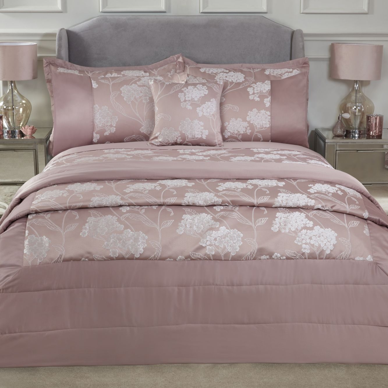 Blossom Blush Pink Embellished Jacquard Quilted Bedspread Set (220cm x 240cm)