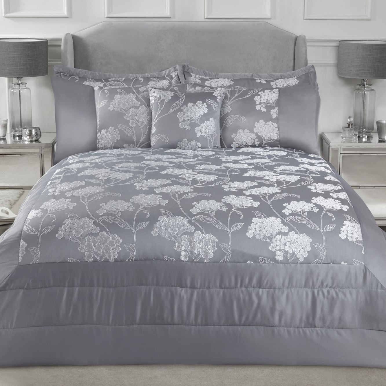 Blossom Silver Embellished Jacquard Quilted Bedspread Set