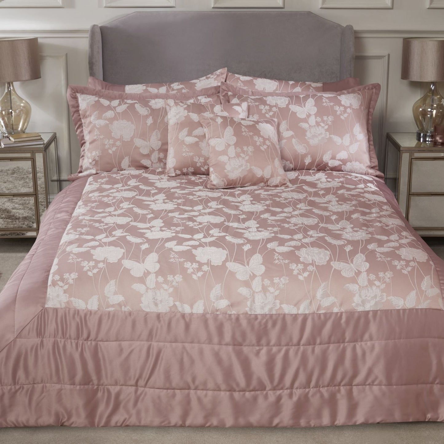 Butterfly Meadow Blush Pink Embellished Jacquard Quilted Bedspread Set