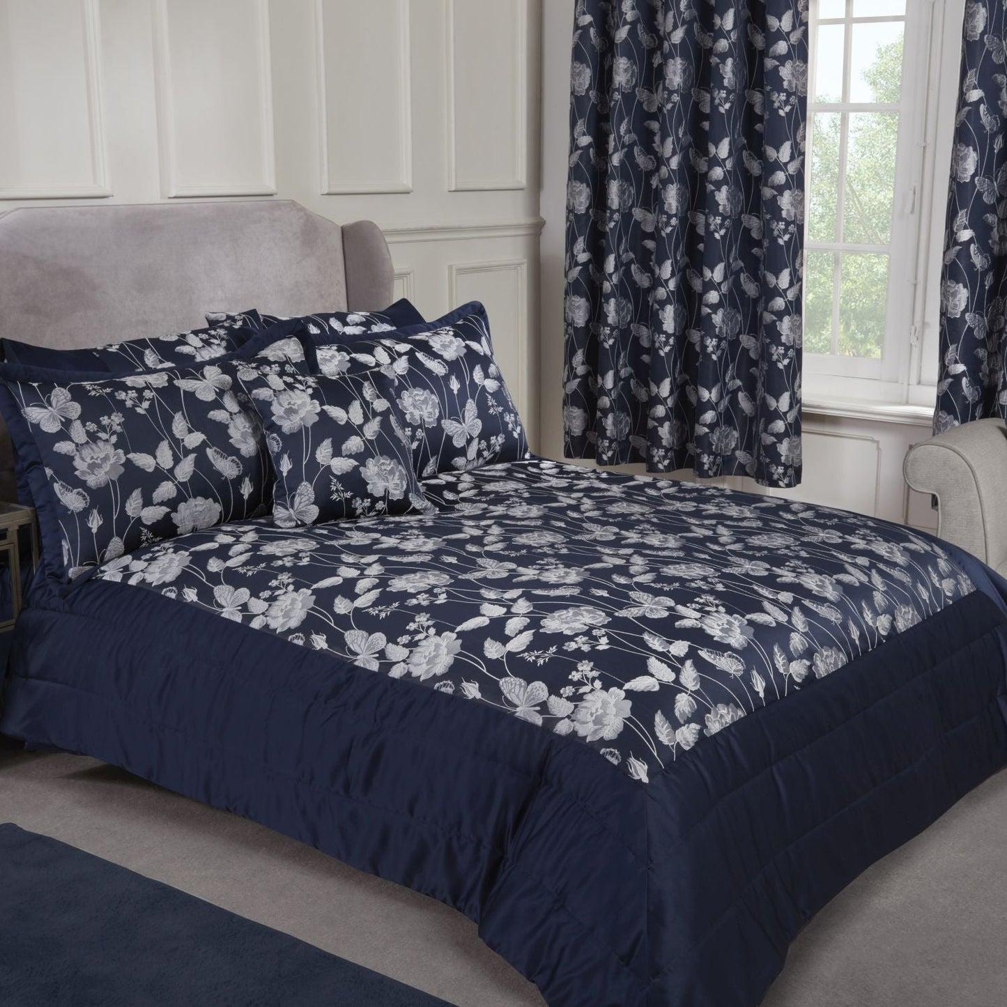 Butterfly Meadow Navy Embellished Jacquard Quilted Bedspread Set