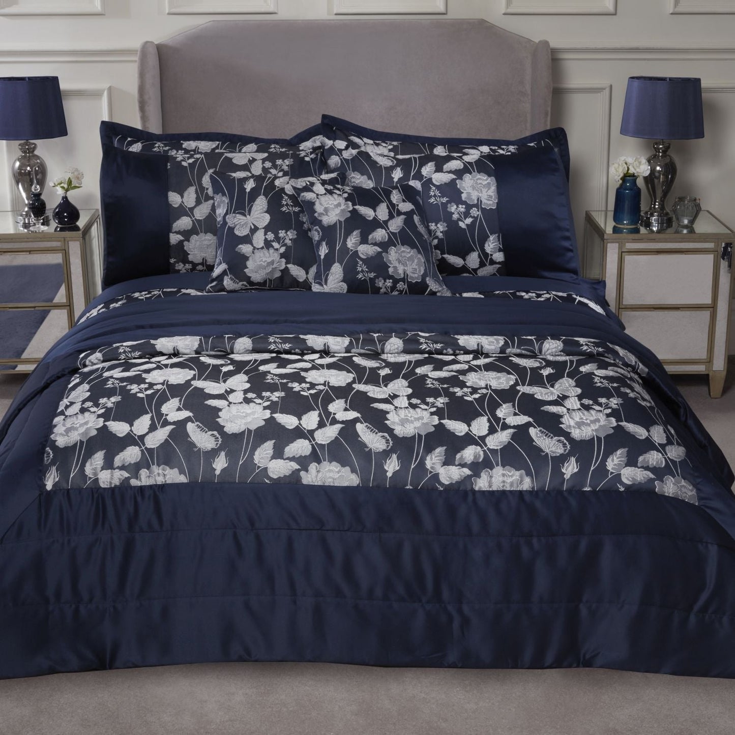 Butterfly Meadow Navy Embellished Jacquard Quilted Bedspread Set