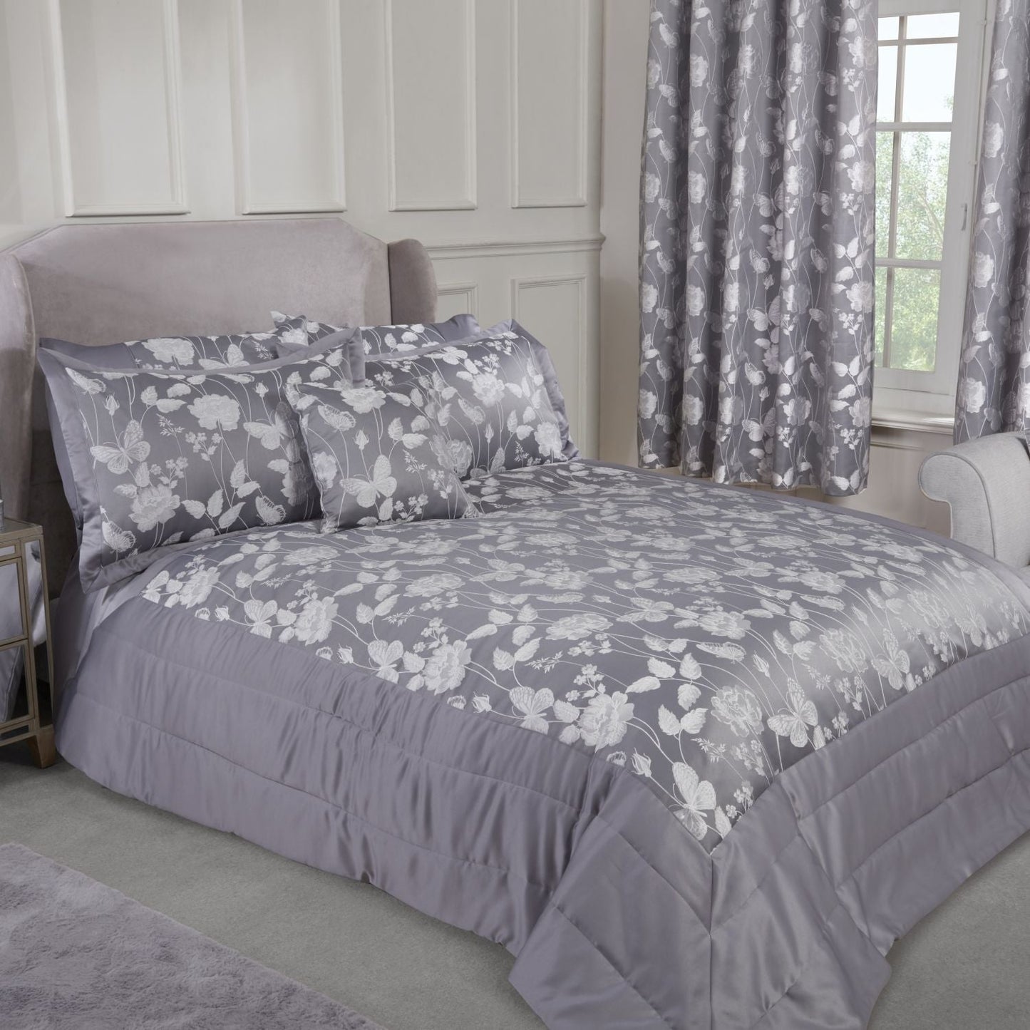 Butterfly Meadow Silver Embellished Jacquard Quilted Bedspread Set