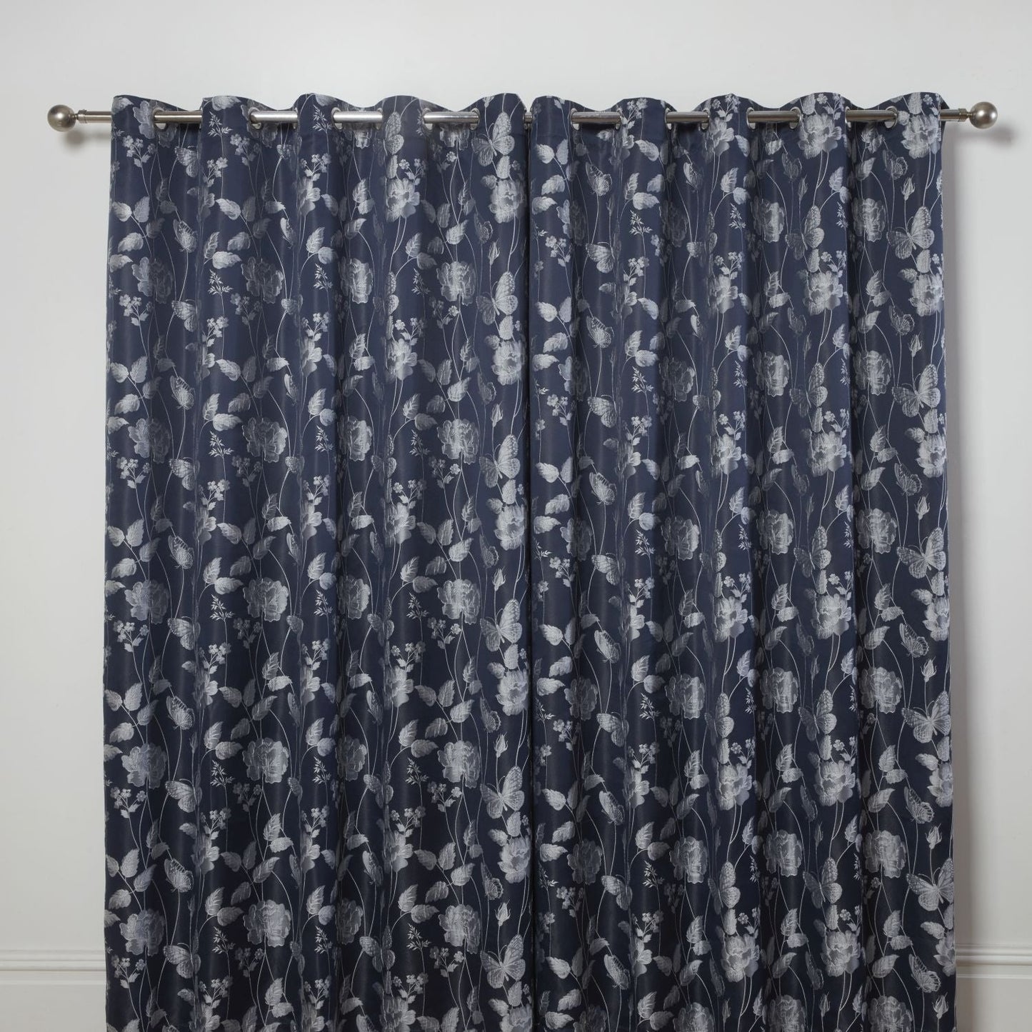 Butterfly Meadow Navy Blue Lined Eyelet Jacquard Curtains