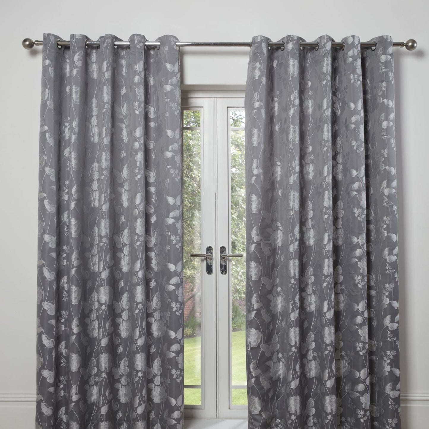 Butterfly Meadow Silver Grey Lined Eyelet Jacquard Curtains