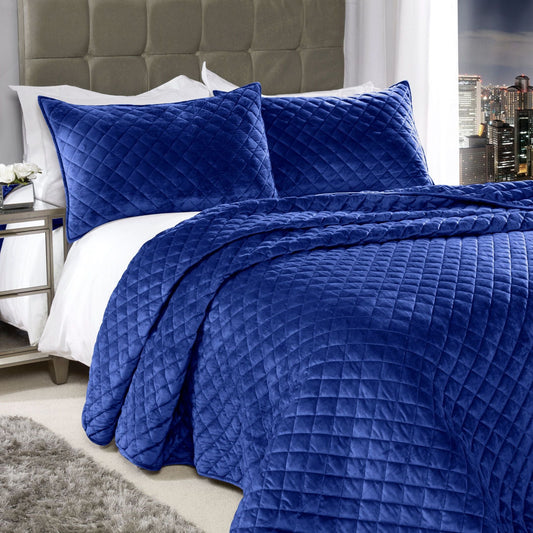 Regent Navy Quilted Soft Touch Velvet Bedspread Set