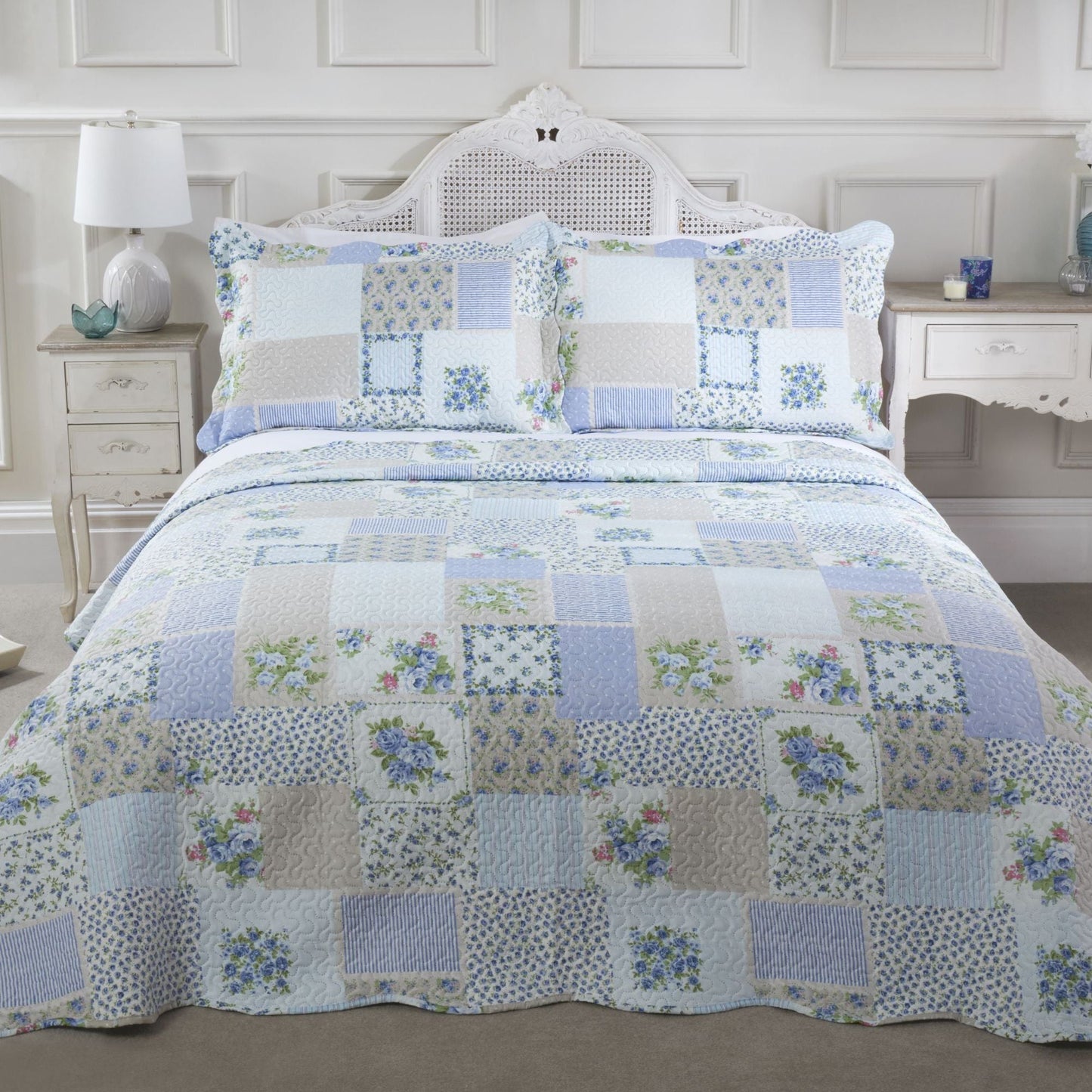 Blue Cotswold Quilted Patchwork Bedspread Set