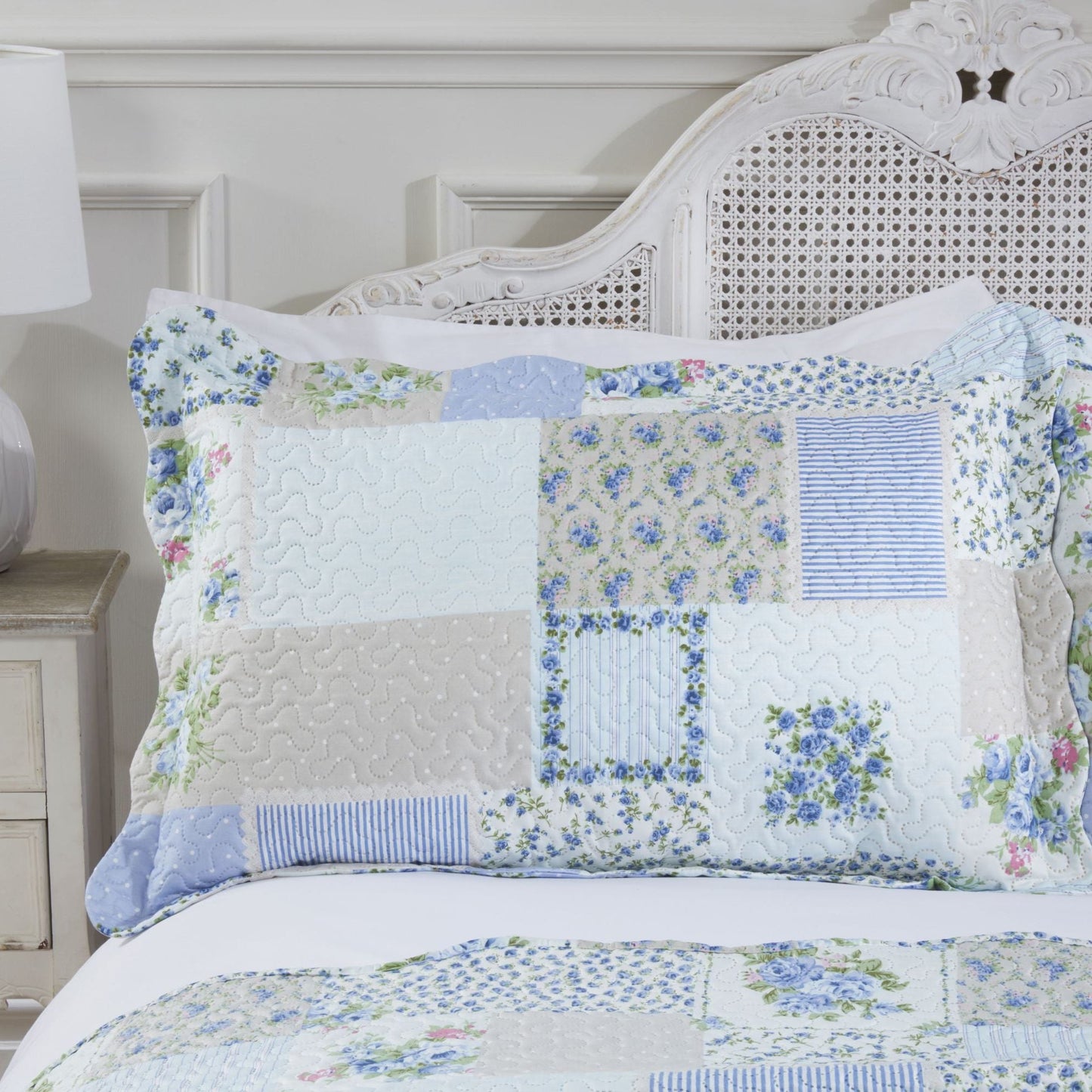 Blue Cotswold Quilted Patchwork Bedspread Set
