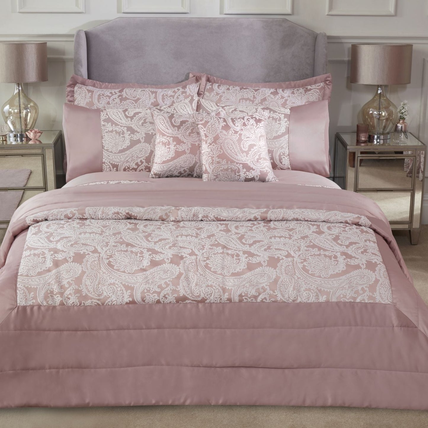 Duchess Blush Pink Embellished Jacquard Quilted Bedspread Set