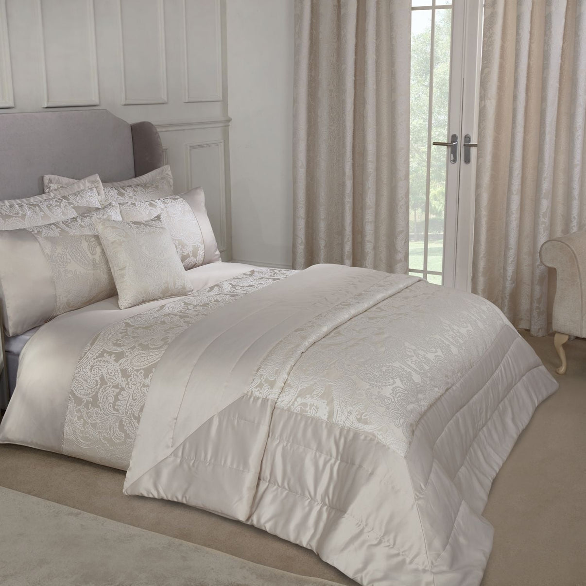 Duchess Cream Embellished Jacquard Quilted Bedspread Set Julian
