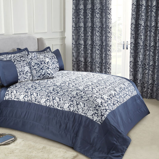 Eden Navy Embellished Jacquard Quilted Bedspread Set