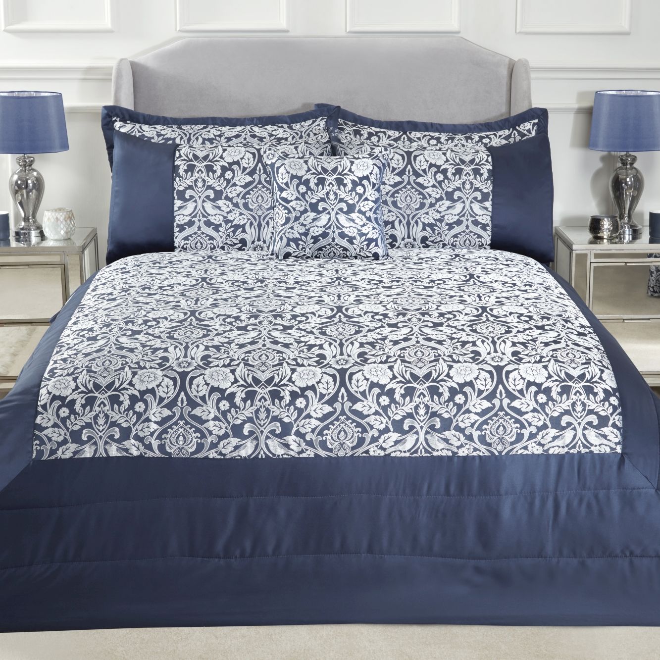 Eden Navy Embellished Jacquard Quilted Bedspread Set