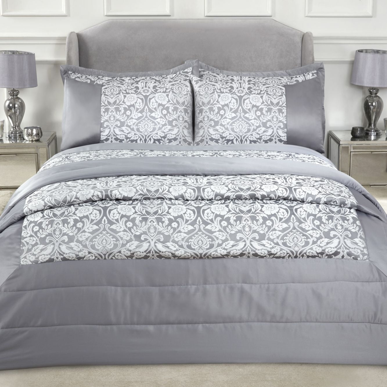 Eden Silver Embellished Jacquard Quilted Bedspread Set