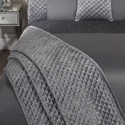 Glamour Silver Quilted Sequin Velvet Bedspread Set