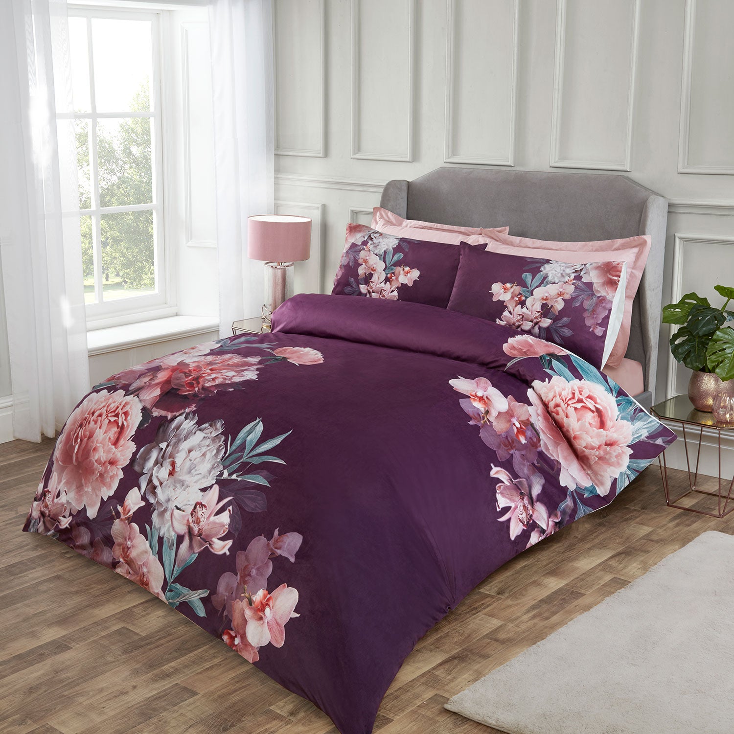 Aria Plum Floral Print Velvet Touch Duvet Set – Julian Charles Home