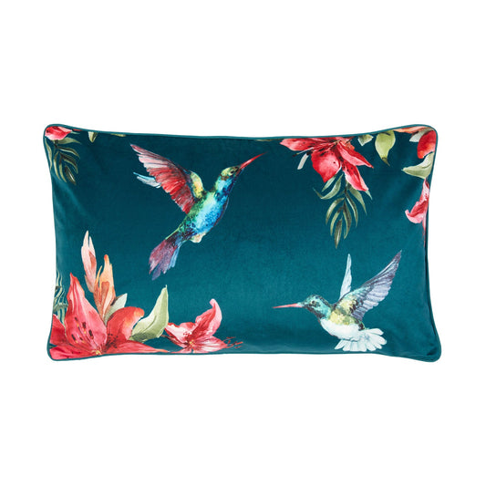 Hummingbird Paradise Teal Velvet Cushion (30cm x 50cm)