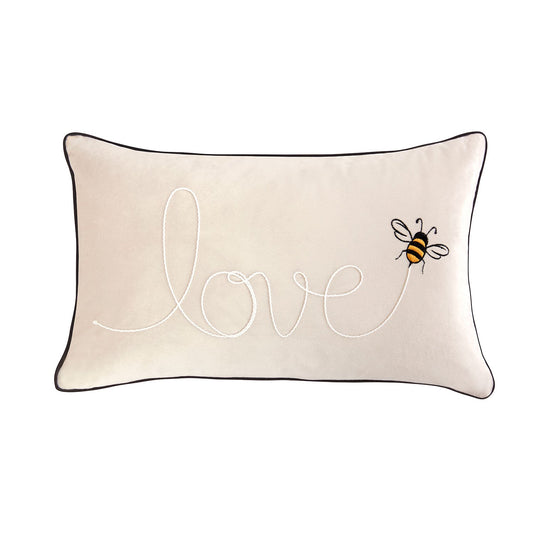 Natural Velvet Love Slogan Embroidered Bee Cushion (30cm x 50cm)