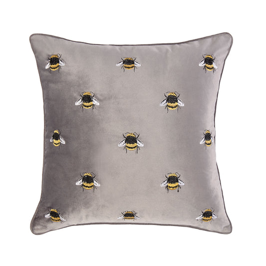 Charcoal Velvet Embroidered Bumblebee Scatter Cushion (43cm x 43cm)
