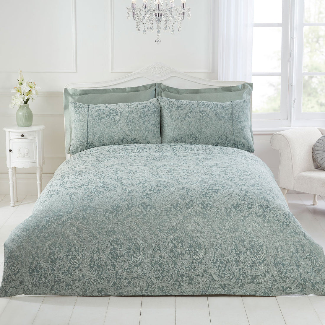 Paisley Soft Green Luxury Cotton Rich Jacquard Duvet Cover Julian