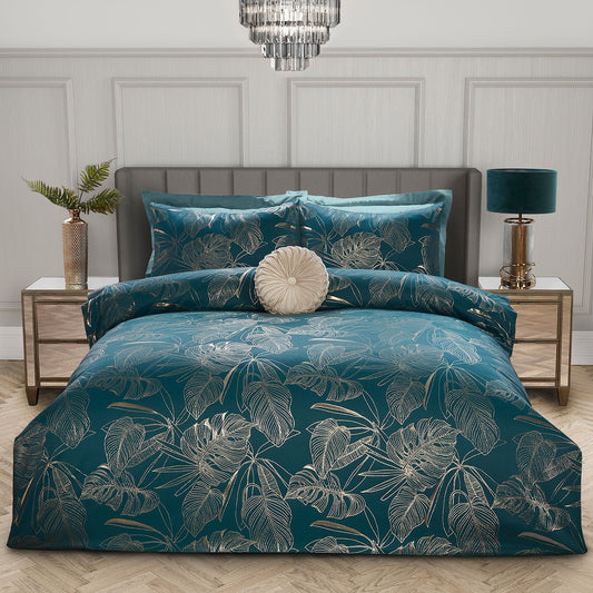 Palm Teal Luxury Jacquard Duvet Set