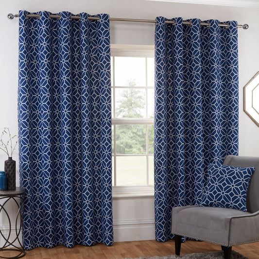 Kelso Navy Blue Geometric Lined Eyelet Curtains
