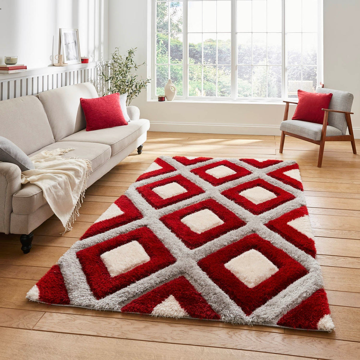 Olympia GR224 Grey Red Geometric Rug