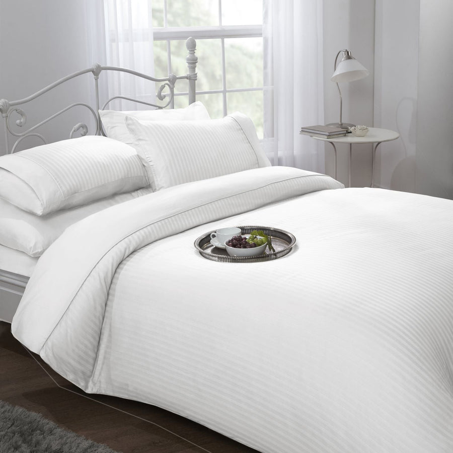 White Ritz 300 Thread Count 100% Cotton Satin Stripe Duvet Set