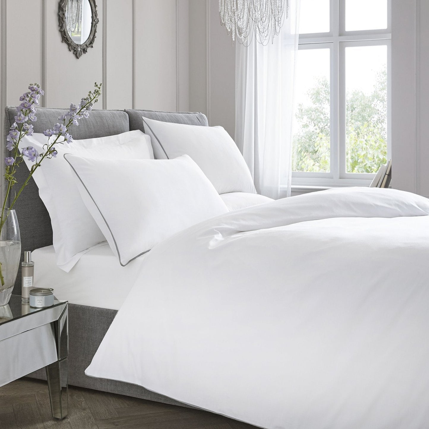 White With Silver Contrast Piping 200 Thread Count 100% Cotton Duvet Set