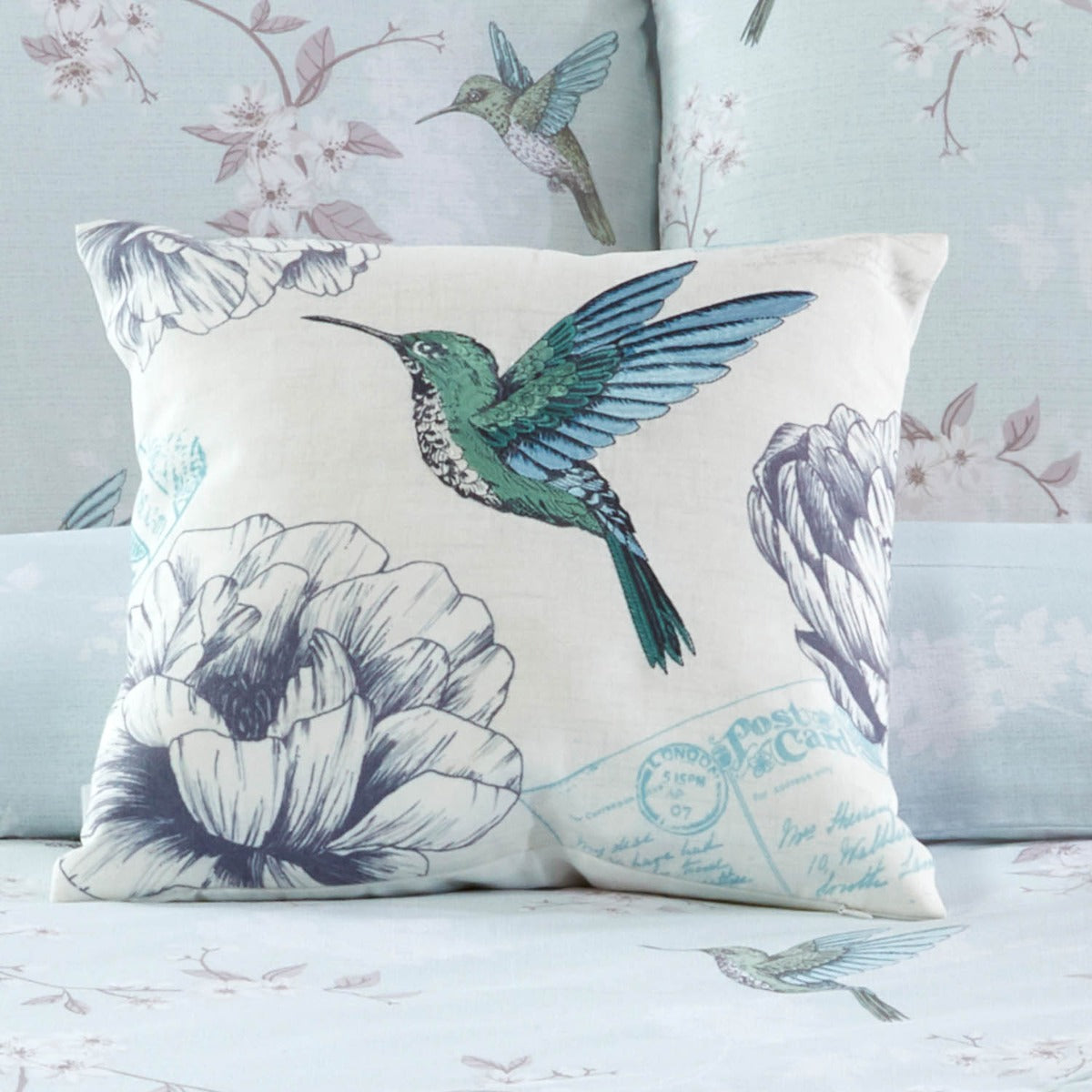 Floral Hummingbird Blue Embroidered Cushion (43cm x 43cm)