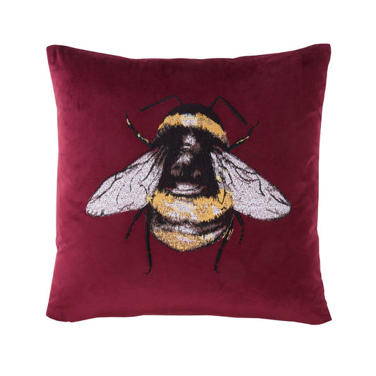 Claret Red Velvet Bumblebee Embroidered Cushion (43cm x 43cm)