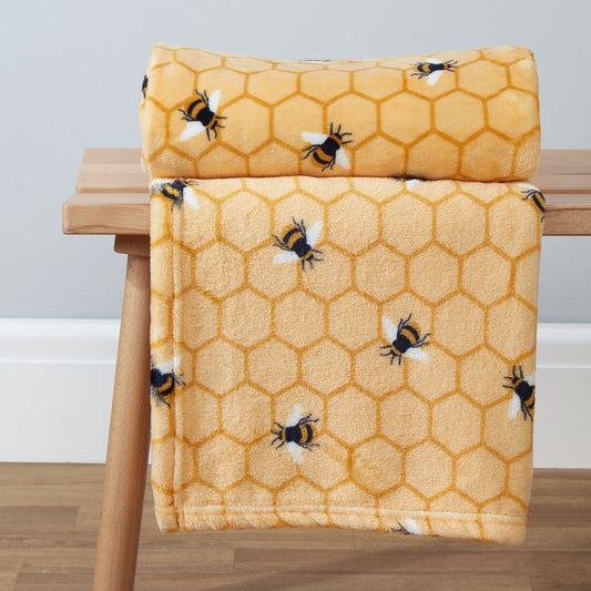 Bee Print Ochre Fleece Throw (130cm x 150cm)