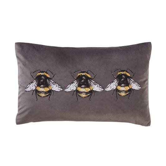 Charcoal Embroidered Bee Velvet Boudoir Cushion (30cm x 50cm)