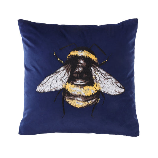 Navy Blue Velvet Bumblebee Embroidered Cushion (43cm x 43cm)