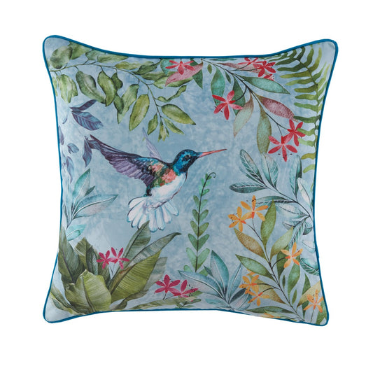 Blue Hummingbird in Flight Velvet Print Cushion (43cm x 43cm)